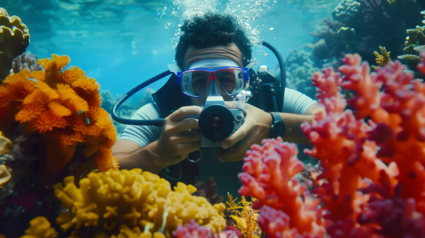 Fotógrafo submarino con carcasa y flashes, al fondo un arrecife colorido